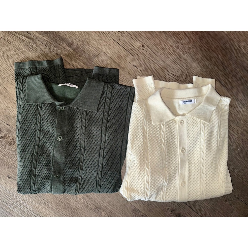 Coofandy Mens Knit Polo Shirt Lot 2 Olive Green Cream White Cable Mesh Size L